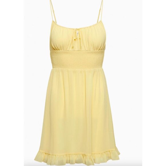 Aritzia Wilfred Genoa Mini Dress Smocked in Wheat Butter Yellow Size Large - Picture 1 of 5